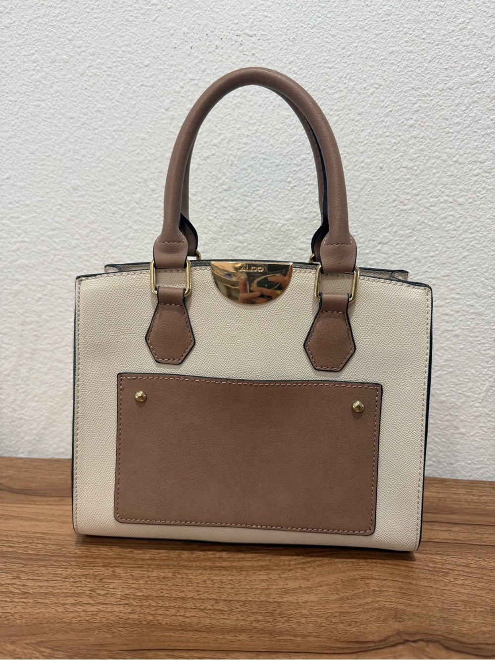 Aldo Cream and Brown Two-Tone Structured Handbag